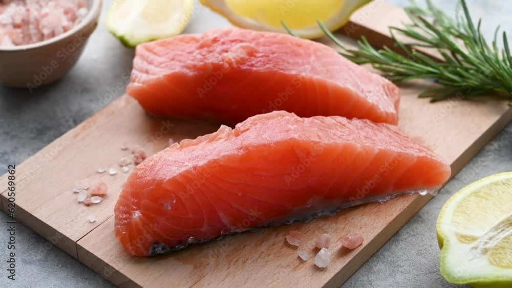 Raw salmon fillet steak with lemons and fresh herbs, over grey background. Raw salmon fillet steak with lemons and fresh herbs, over grey background.