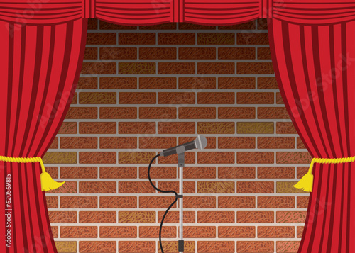 open mic night, microphone, curtains, vector illustration