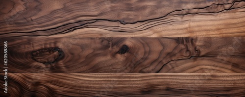 Walnut dark brown wood texture detailed background, panorama. Generative Ai.