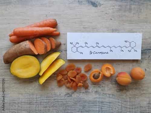 Food rich in beta carotene with structural chemical formula of beta carotene. Various fruits and vegetables as natural sources of beta carotene. It is an organic red-orange pigment abundant in plants. photo