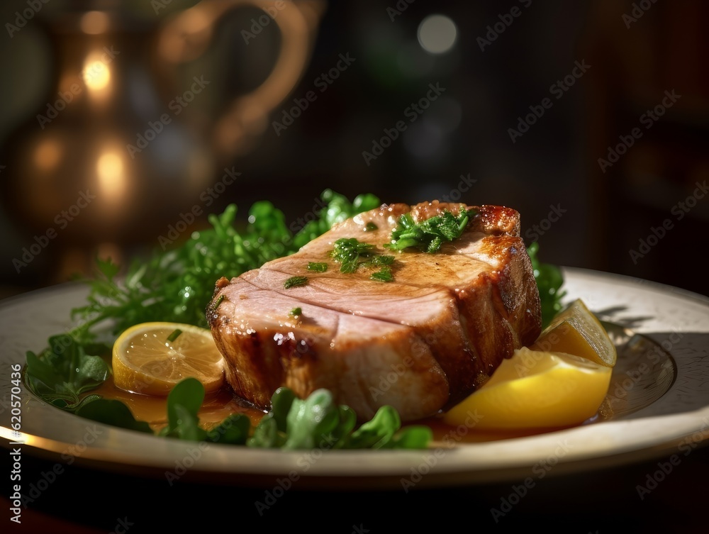 Pied de Porc garnished with parsley and lemon on a white plate Pied de Porc garnished with parsley and lemon on a white plate