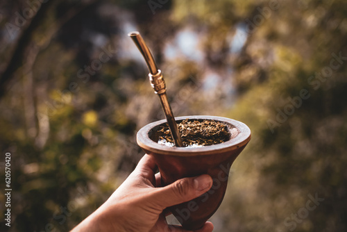 mano sosteniendo mate de porongo con yerba y bombilla. bebida caliente en la naturaleza