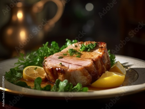 Fototapeta Naklejka Na Ścianę i Meble -  Pied de Porc garnished with parsley and lemon on a white plate