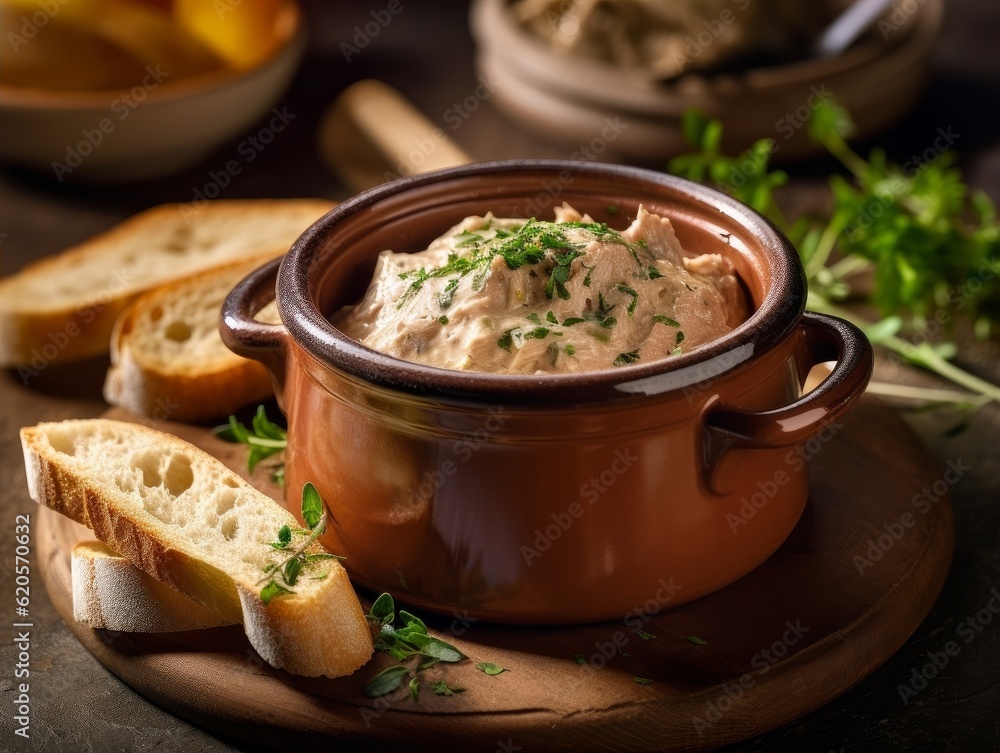Rillettes presented in a rustic earthenware pot, garnished with fresh herbs and accompanied by crusty bread Rillettes presented in a rustic earthenware pot, garnished with fresh herbs and accompanied by crusty bread