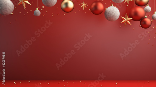 Minimalistic design Merry Christmas and Happy new year. Festive design with decorative elements. Holiday season. Horizontal banner and poster, header for website. photo