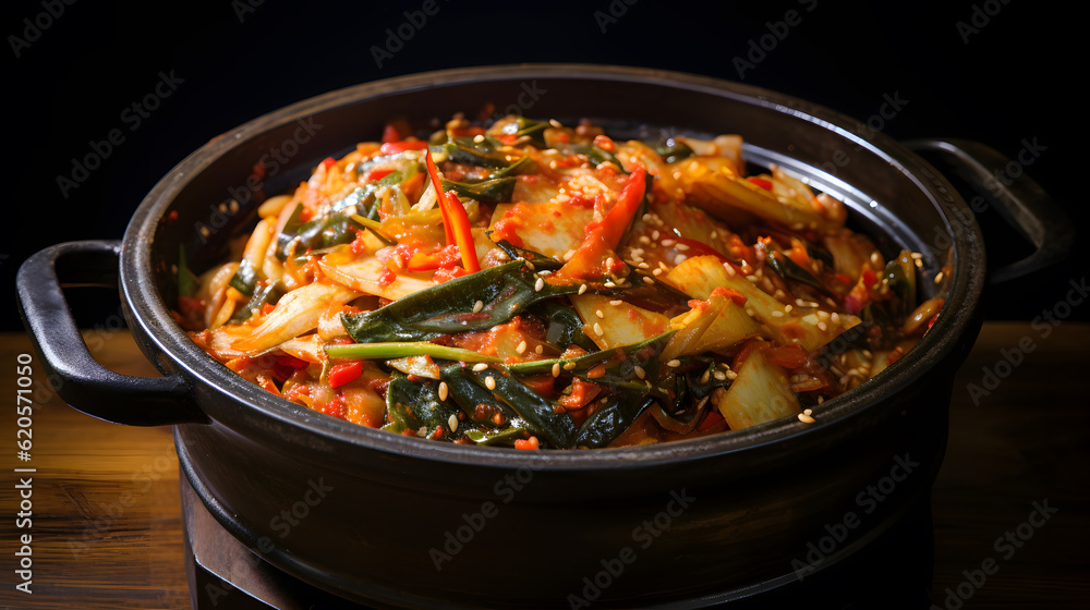 Kimchi korean fermented cabbage food with chili pepper, spinach, vegan vegetarian oriental asian street fast food homemade dish