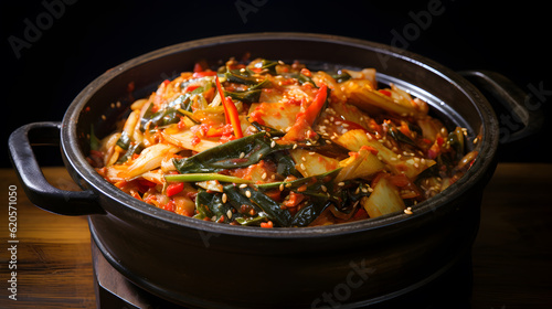 Kimchi korean fermented cabbage food with chili pepper, spinach, vegan vegetarian oriental asian street fast food homemade dish