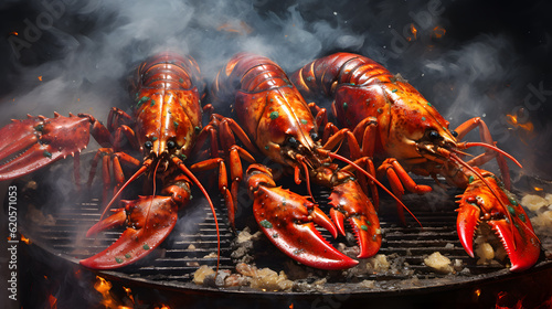 Red bright Lobster crab luxury expensive seafood dish meal on a grill pan.