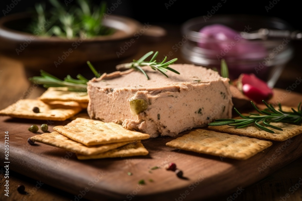 pâté garnished with herbs and served with crackers on a rustic wooden board pâté garnished with herbs and served with crackers on a rustic wooden board