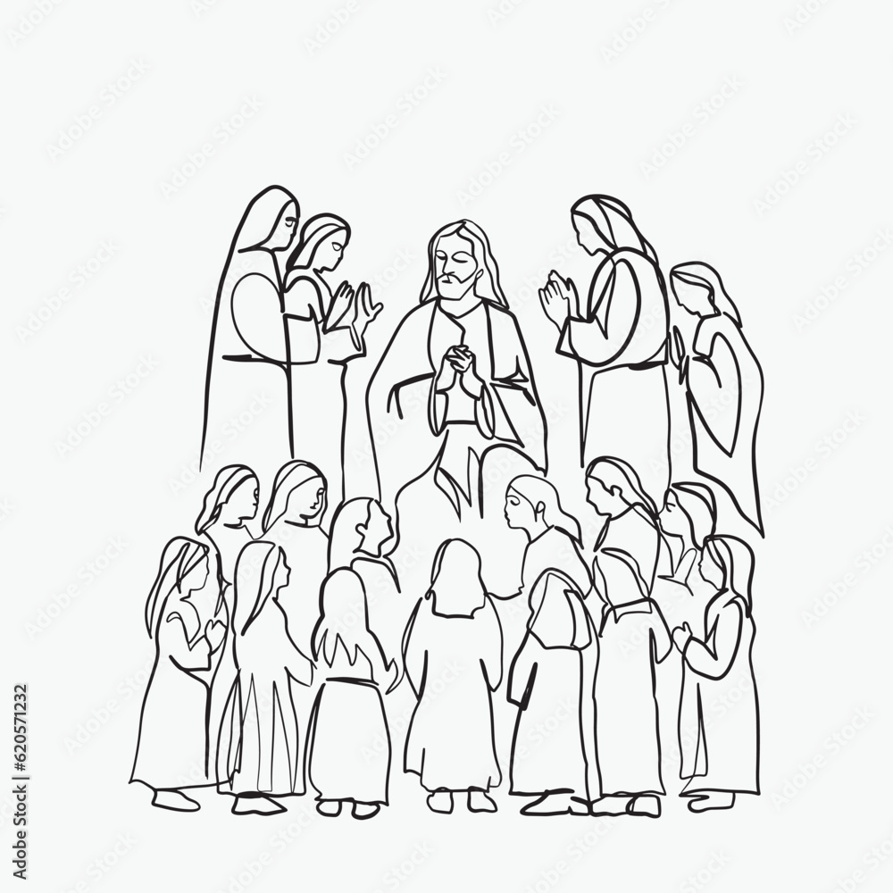 Obraz premium Continuous line drawing of Jesus Christ vector illustration Bible words