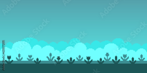 Colorful simple vector pixel art horizontal illustration of turquoise field of tulips flowers silhouette in retro platformer style