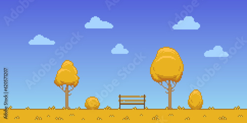 Colorful simple vector pixel art horizontal illustration of bench in the autumn park in retro platformer style