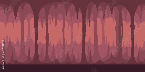 Colorful simple vector pixel art horizontal illustration of red dark cave of stalagmites and stalactites in the style of retro platformer video game level