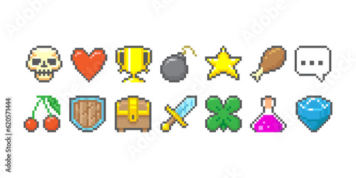 Colorful simple 8bit pixel art graphic symbols group collection. Skull, heart, goblet, bomb, cherry, chest, phrase, star, food