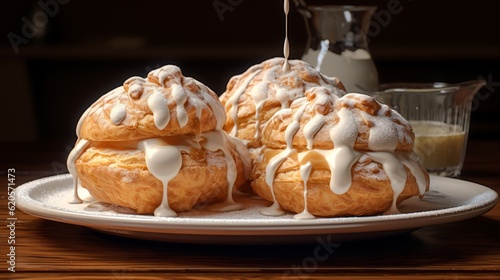 Food bakery bake photography background - Cream puffs on dark table (Generative Ai)