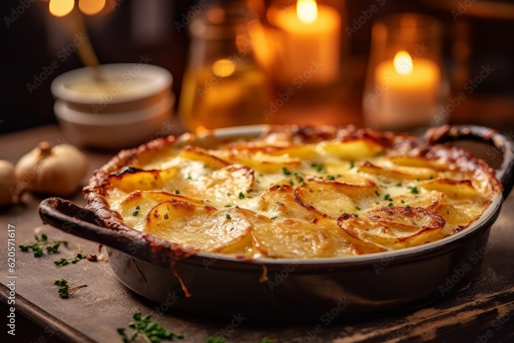 Gratin Dauphinois with golden crust and creamy layers in a rustic ceramic dish Gratin Dauphinois with golden crust and creamy layers in a rustic ceramic dish