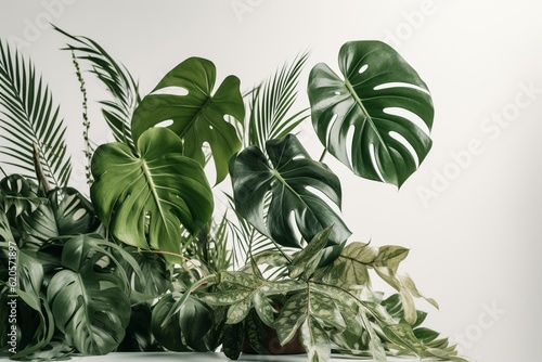 Tropical foliage arrangement with monstera   palm leaves isolated on white. Generative AI