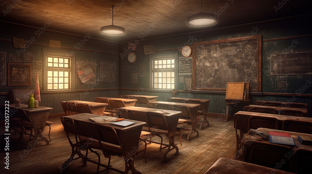 A picture of an old, empty classroom. light shines through the window reminisce