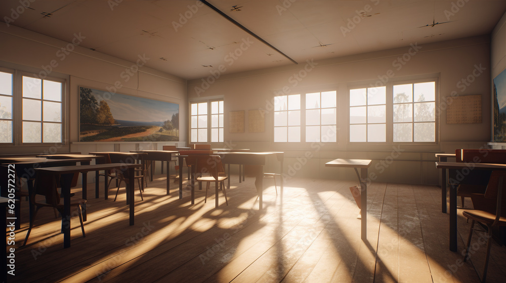 A picture of an old, empty classroom. light shines through the window reminisce