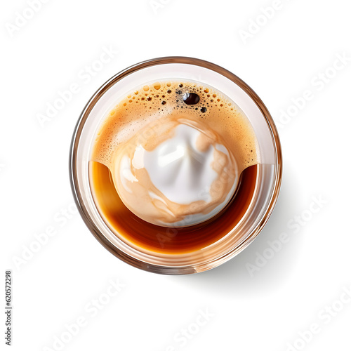 affogato hot coffee in glass with ice cream topping top view isolated on white background