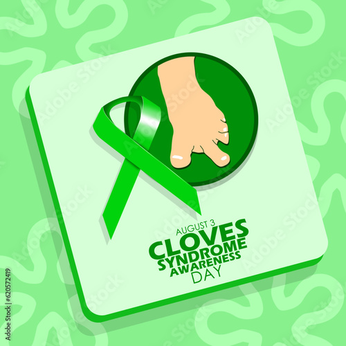 A green ribbon with an illustration of a growth disorder on a leg, with bold text on board on light green background to commemorate Cloves Syndrome Awareness Day on August 3