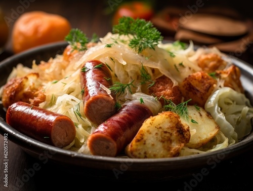 Choucroute Garnie with various sausages, sauerkraut, and potatoes on a plate