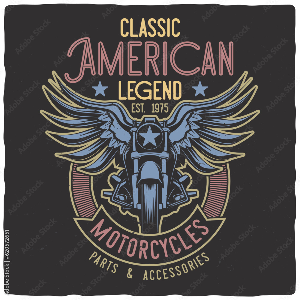 Obraz premium T-shirt or poster design with illustration of a motorcycle with a wings