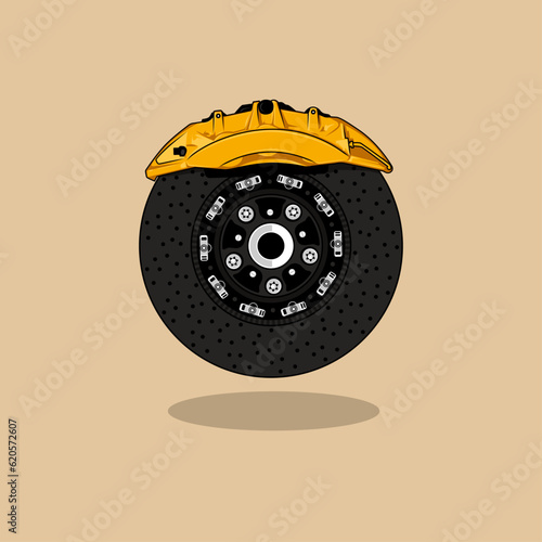 vector illustration of a Braking system. Car brake disk with caliper isolated. 
