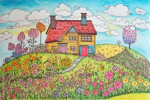 Adorable watercolor painting house in the field with flowers and trees. Pencil drawing with children's style. generative AI