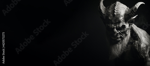 Black and white portrait of a demonic devil on black background banner. Generative AI illustration