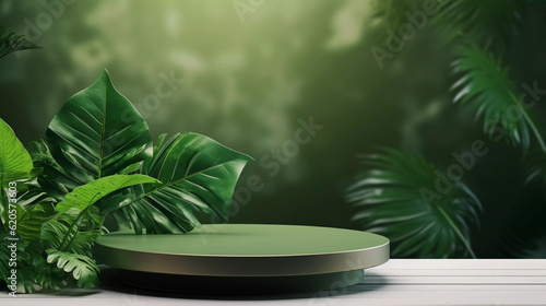 Wooden product display podium with green leave background, Minimalistic nature background, Template design for cosmetics, beauty nature product showcase, poster, banner, cover design, AI generated.