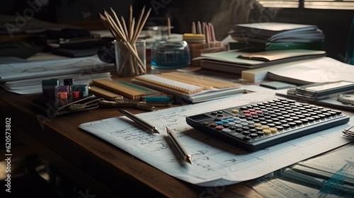 Table with papers with chart and investment graphs, pens, calculators.  generative AI