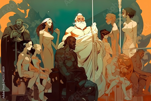  generative AI. Gathering of ancient gods of Olimpo. Cartoon american style