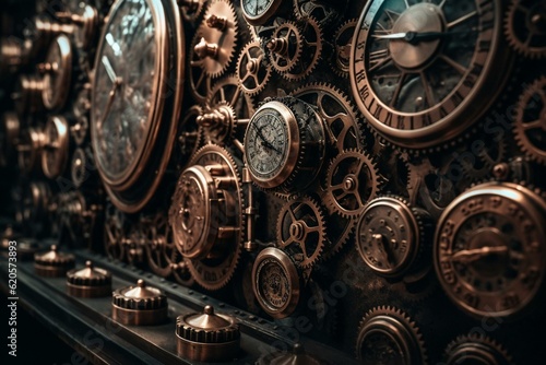 Background with clocks and gears in industrial steampunk style. Generative AI © Freddie