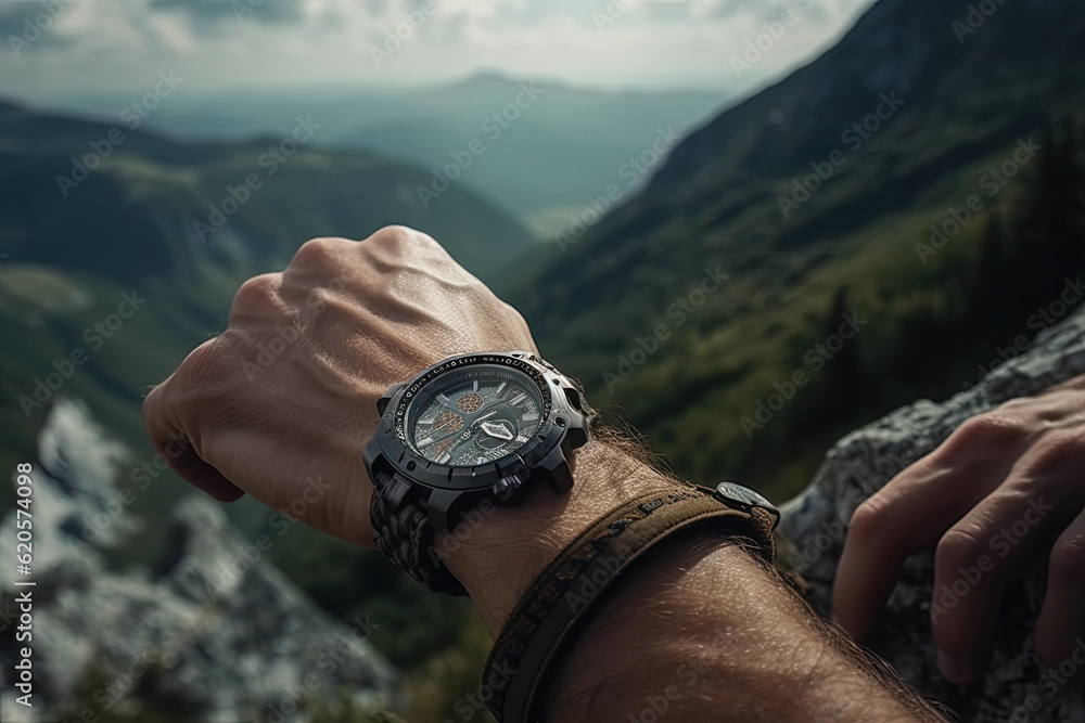Hands of a man with a sports wristwatch. Generative AI