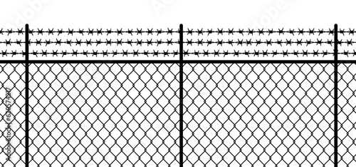 Steel wire chain, barbed wire. Chainlink fence. Safety fence pattern. Seamless chain link fence. Wire mesh steel icon. Grid metal chain-link. Metallic wired fence. Jail, barbed icon.