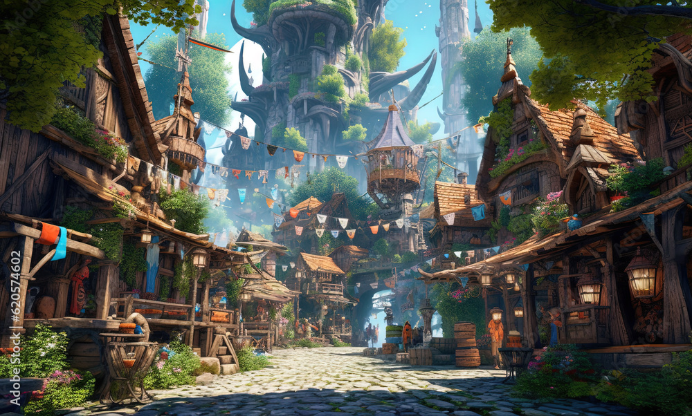 Obraz premium Pencil and ink illustration of a medieval fantasy village. Generative AI.