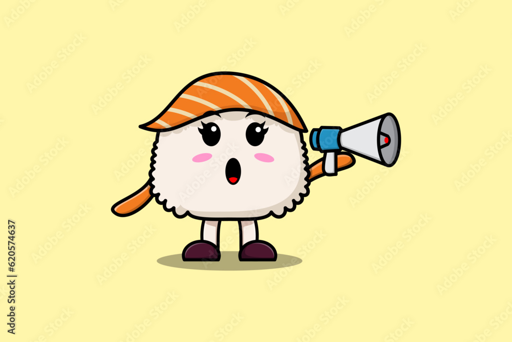 Cute Cartoon Sushi character speak with megaphone in 3d cartoon style concept Cute Cartoon Sushi character speak with megaphone in 3d cartoon style concept