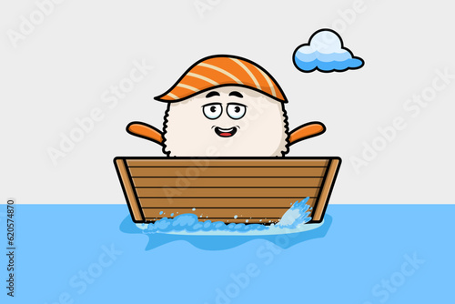 cute cartoon Sushi get on boat in vector character illustration