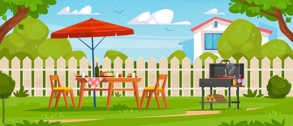 Backyard BBQ party background. Food and drinks on the table under an umbrella, chairs, and a grill in the garden of a house in summer. Cooking meat on a barbecue. Cartoon vector illustration.