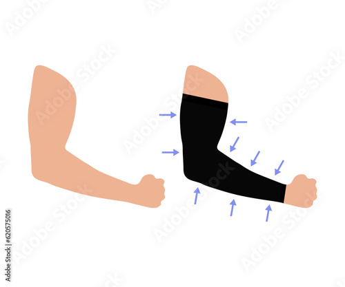 Compression sleeve for men. Male arm in sportswear. Medical underwear. Men's hand. Blood flow and circulation. Injury protection in sports, fitness and gym. Vector illustration.