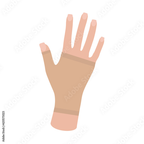 Female hand in Compression Glove. Woman's hand. Arthritis gloves. Sportswear. Swelling, Edema, Post Surgery. Blood flow. Medical underwear. Specialized hosiery for diseases. Vector illustration.