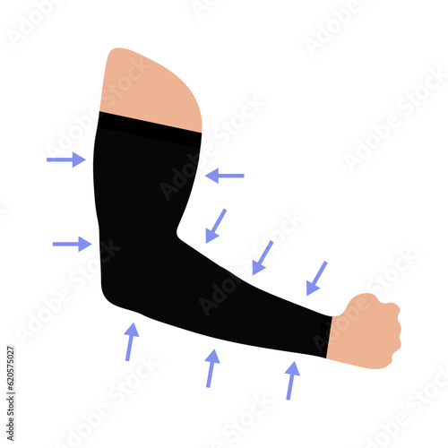 Compression sleeve for men. Male arm in sportswear. Medical underwear. Men's hand. Blood flow and circulation. Injury protection in sports, fitness and gym. Vector illustration.