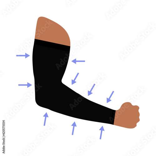 Compression sleeve for men. Male arm in sportswear. Medical underwear. Men's hand. Dark skin. Blood flow and circulation. Injury protection in sports, fitness and gym. Vector illustration.