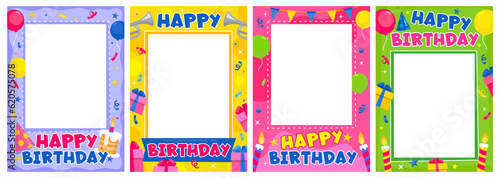 Set of Happy Birthday frames isolated on white background. Vector collection of cute birthday photo templates and mockups with blank space for family albums, parties, announcements and photo booths.