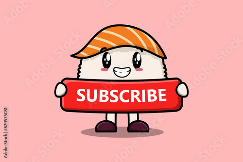 Cute cartoon Sushi character holding red subscribe board