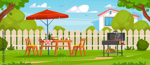 Backyard BBQ party background. Food and drinks on the table under an umbrella, chairs, and a grill in the garden of a house in summer. Cooking meat on a barbecue. Cartoon vector illustration.