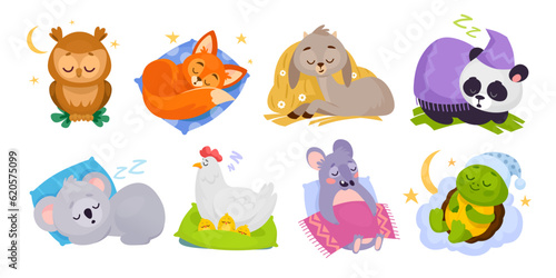 Set of cute sleeping baby animals isolated on white background.  Cartoon animal characters, an owl, fox, panda, koala, chicken, turtle, goat, and mouse in a good night slumber. Vector collection.