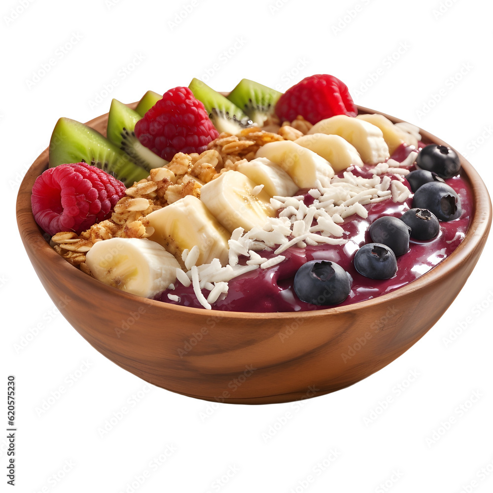 Bowl with fruits kiwi, apple, banana, acai, and cereal. Healthy breakfast ingredients. Bowl of granola with fruits and berries for a healthy breakfast, isolated transparent background. Generative AI. Bowl with fruits kiwi, apple, banana, acai, and cereal. Healthy breakfast ingredients. Bowl of granola with fruits and berries for a healthy breakfast, isolated transparent background. Generative AI.