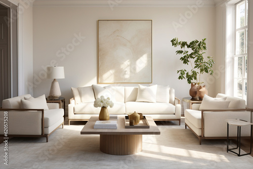 Modern interior of open space with design modular sofa, furniture, wooden coffee tables, pillows, picture frame and elegant personal accessories in stylish home decor. Neutral living room.